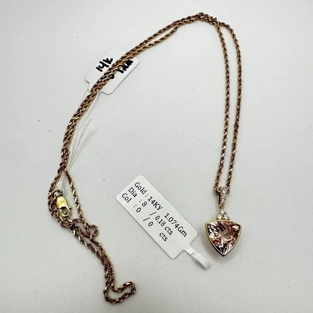 NWT 10mm trillion cut morganite w/ accent .18ct diamonds set in 14k YG necklace!